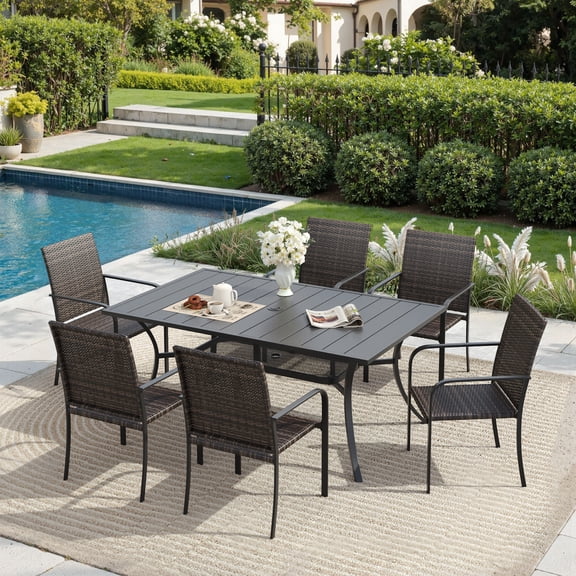 DIFY 7PCS Outdoor Dining Set, 59.2" Rectangular Dining Table and 6 Rattan Wicker Chairs, Black/Walnut