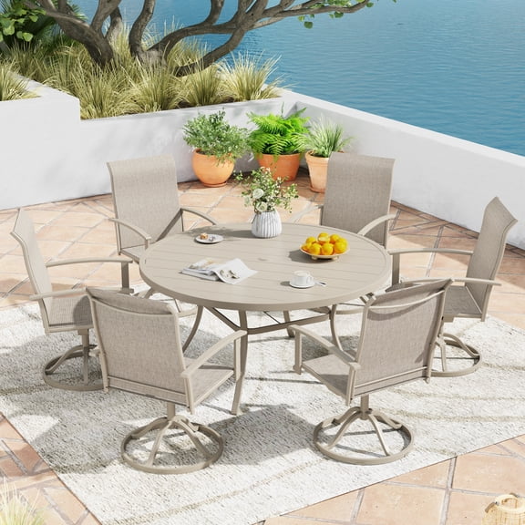 DIFY 7PCS Patio Dining Furniture Set, 50" Round Slatted Table and 6 Swivel Textilene Chairs