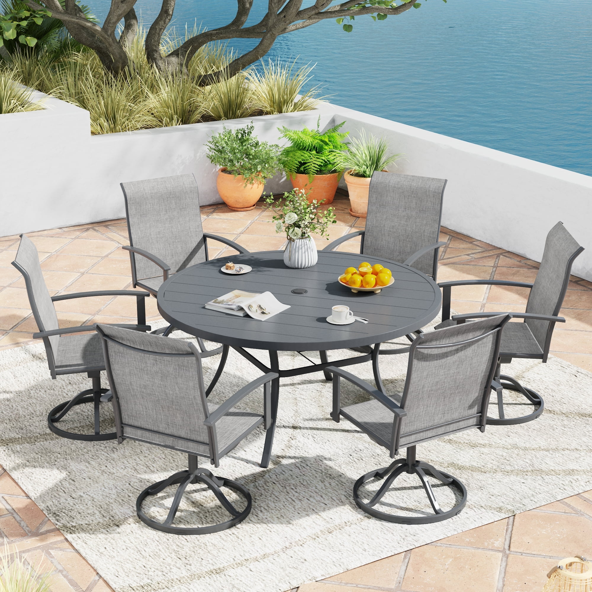 DIFY 7PCS Patio Dining Furniture Set, 50" Round Slatted Table and 6 Swivel Textilene Chairs