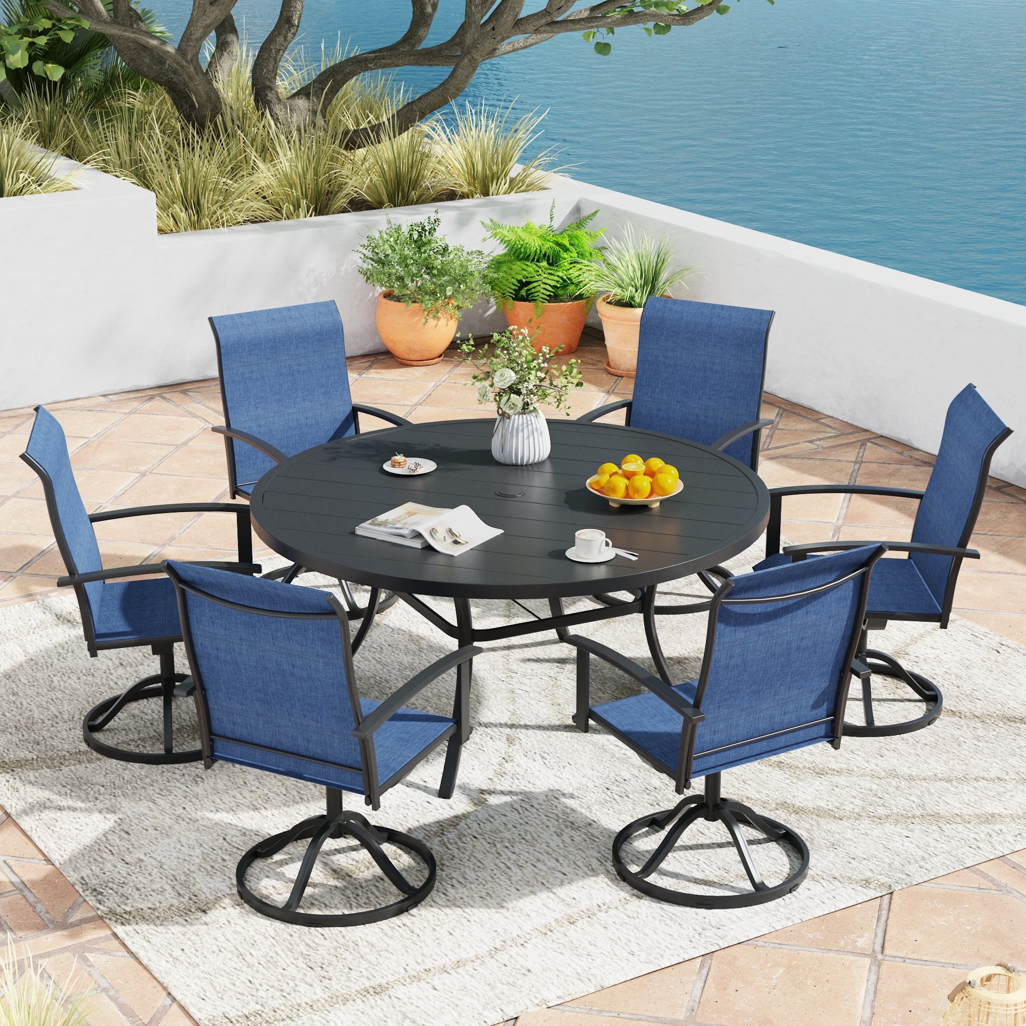 DIFY 7PCS Patio Dining Furniture Set, 53" Round Slatted Table and 6 Swivel Textilene Chairs