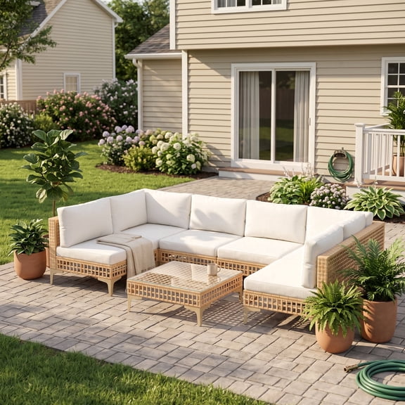 DIFY 7PCS Patio Outdoor Furniture, Rattan Conversation Set, 4 Armless Sofas& 2 Corner Sofas with Coffee Table, Wheat