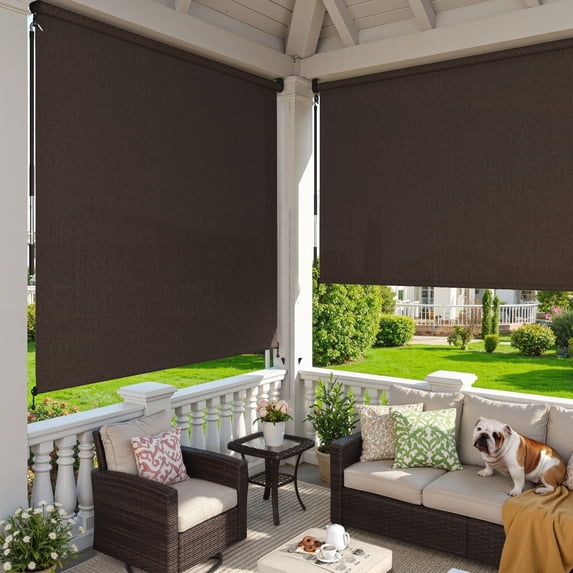 DIFY 8' x 8' Outdoor Roller Shade, Cordless Patio Blinds for Porch Pergola Balcony Deck Windows, Chocolate