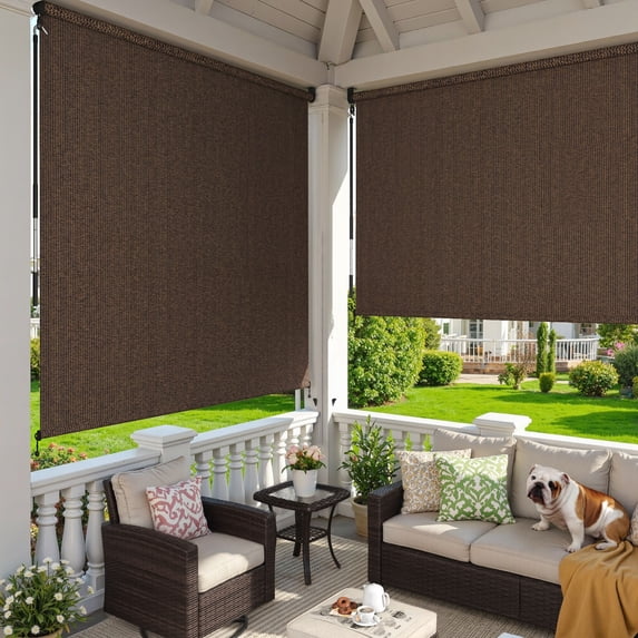 DIFY 8' x 8' Outdoor Roller Shade, Cordless Patio Blinds for Porch Pergola Balcony Deck Windows, Mocha