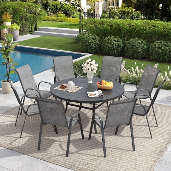 DIFY 9-Piece Patio Dining Set for 8, 53" Metal Round Table with 8 Stackable Chairs, Black&Gray