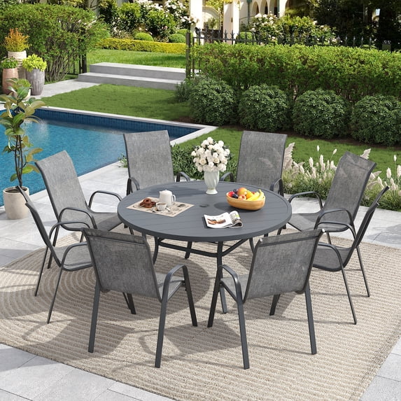DIFY 9-Piece Patio Dining Set for 8, 53" Metal Round Table with 8 Stackable Chairs, Dark Gray&Gray