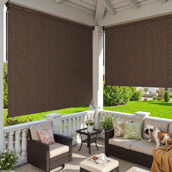 DIFY 9' x 8' Outdoor Roller Shade, Cordless Patio Blinds for Porch Pergola Balcony Deck Windows, Mocha