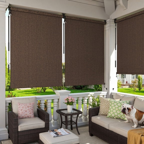 DIFY 9' x 8' Outdoor Roller Shade, Cordless Patio Blinds for Porch Pergola Balcony Deck Windows, Mocha