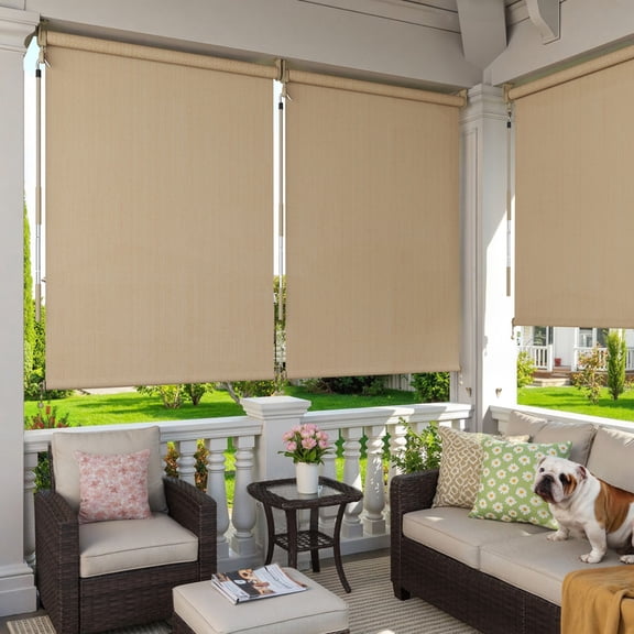 DIFY 9' x 8' Outdoor Roller Shade, Cordless Patio Blinds for Porch Pergola Balcony Deck Windows, Wheat