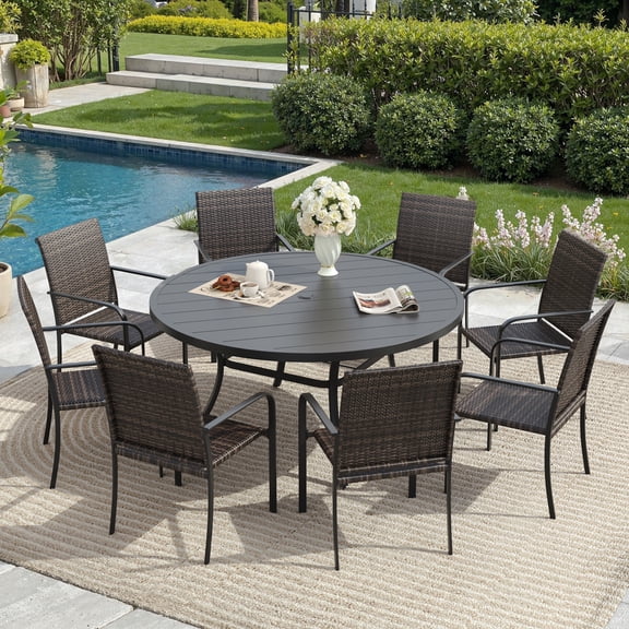 DIFY 9PCS Outdoor Dining Set, 53" Round Dining Table and 8 Rattan Wicker Chairs, Black/Walnut