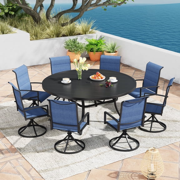 DIFY 9PCS Outdoor Dining Set, 60" Round Dining Table and 6 Swivel Chairs, Balck/Dark Blue