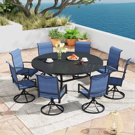 DIFY 9PCS Outdoor Dining Set, 60" Round Dining Table and 8 Swivel Chairs, Black/Dark Blue