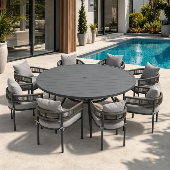 DIFY 9PCS Outdoor Patio Dining Set 60" Round Table and 8 Rattan Chairs, Gray