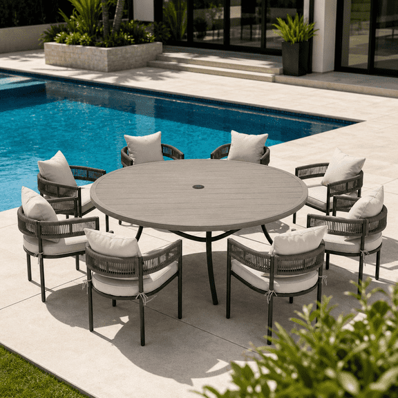 DIFY 9PCS Outdoor Patio Dining Set 60" Round Table and 8 Rattan Chairs, Graywood&Wheat