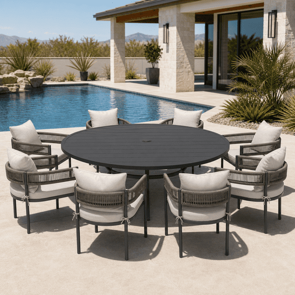 DIFY 9PCS Outdoor Patio Dining Set 63" Round Table and 8 Rattan Chairs, Balck&Wheat