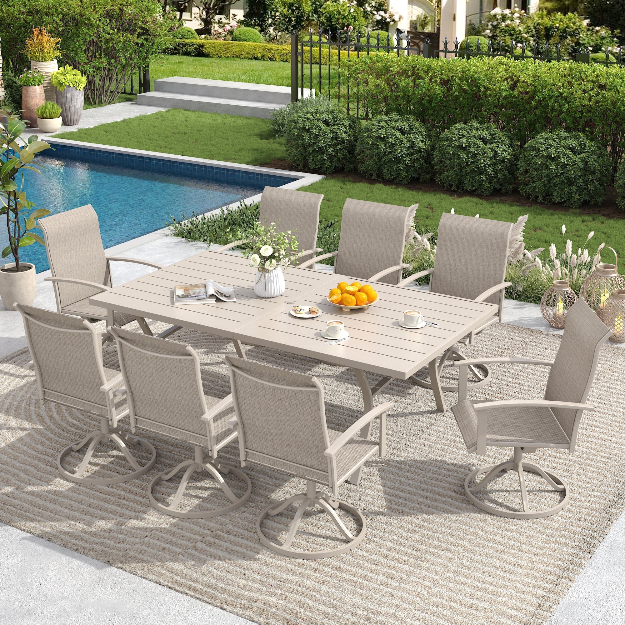 DIFY 9PCS Patio Dining Furniture Set, 71" Rectangular Metal Table, 8 Swivel Textilene Chairs