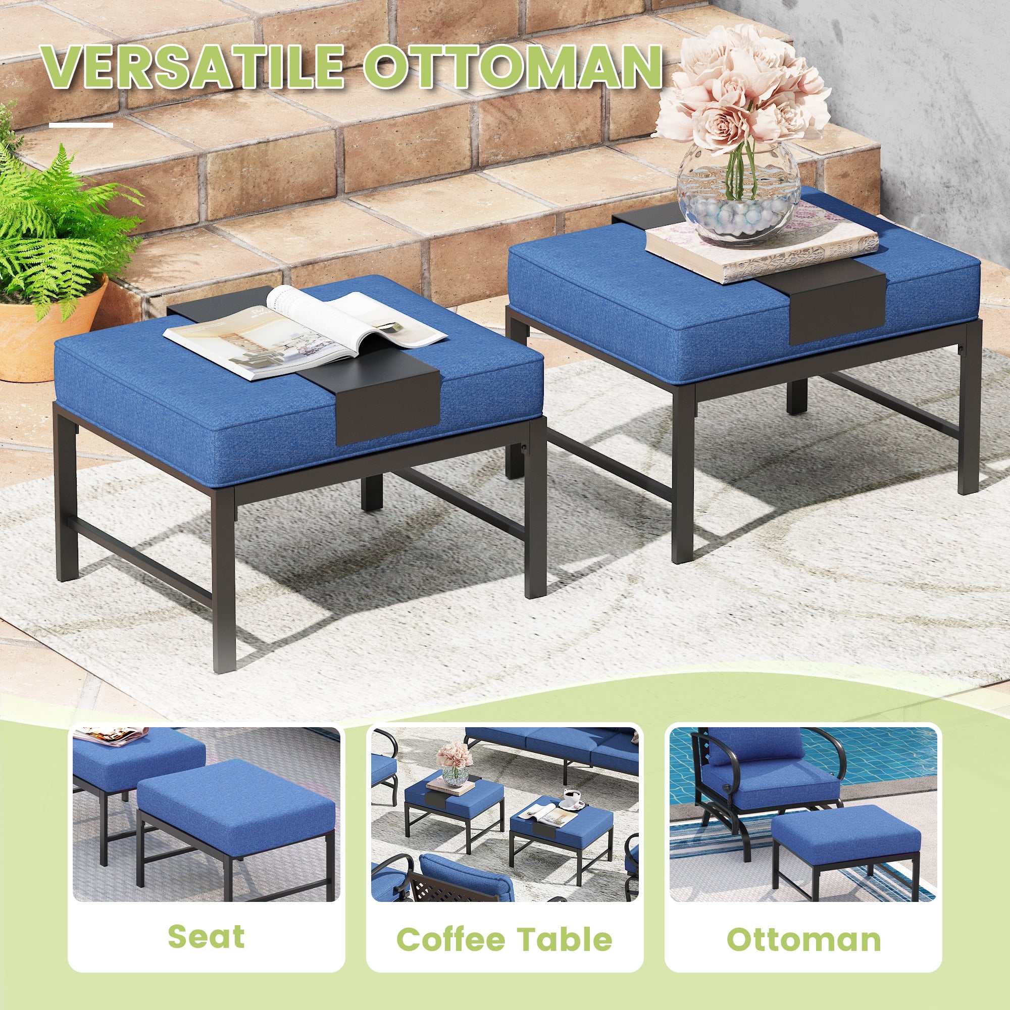 DIFY Outdoor Small Rectangle Ottomans for Patio&Garden, Navy Blue, 2PCS ...
