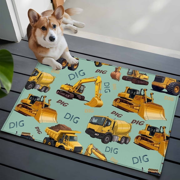 DIG Letter Front Door Rugs 2x3 ft Cartoon Excavator Yellow Equipment Trucks Upholstery Green Small Rug for Entryway Non Slip Washable Bathroom Door Mat Absorbent Floor Mat for Indoor Entrance