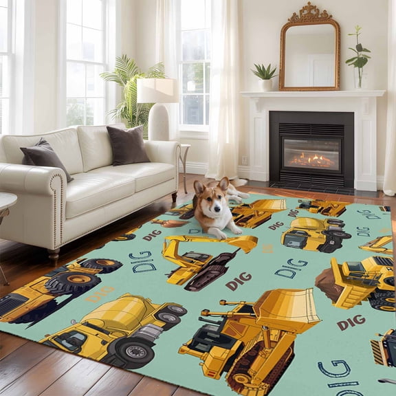DIG Letter Large Area Rugs 5x8 ft Cartoon Excavator Yellow Equipment Trucks Upholstery Green Washable Rug Non Slip Indoor Carpet Absorbent Floor Mat for Living Room Bedroom Dining Room