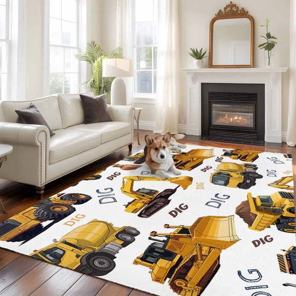 DIG Letter Large Area Rugs 5x8 ft Cartoon Excavator Yellow Equipment Trucks Upholstery Washable Rug Non Slip Indoor Carpet Absorbent Floor Mat for Living Room Bedroom Dining Room