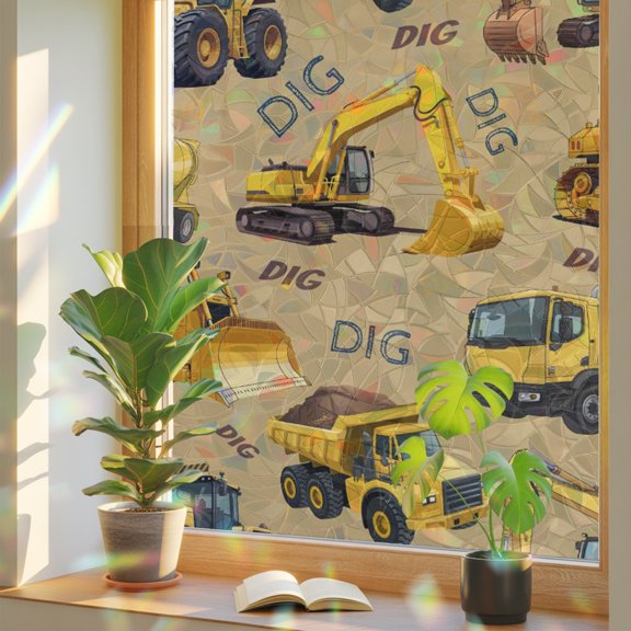 DIG Window Privacy Film, Cartoon Excavator Yellow Equipment Trucks Upholstery Stained Glass Rainbow Film Decorative Window Clings, Static Cling Sun Blocking Stickers 17.7" x 39.3"