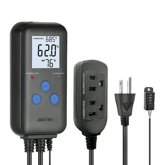 DIGITEN Humidity Controller Pre-Wired Digital Humidistat with Temperature Display, Dual-Stage Outlet Humidifier /Dehumidifier for Mushroom,Reptile, Greenhouse, Fan, Grow Tent