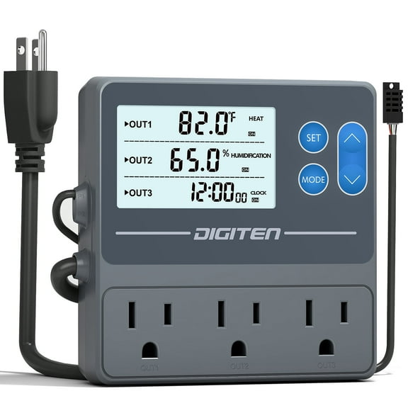 DIGITEN Reptile Temperature and Humidity Controller with Timer Outlet, Day-Night Function Thermostat, 3-Stage Outlet Plug in Temperature Controller for Reptile, Mushroom, Greenhouse