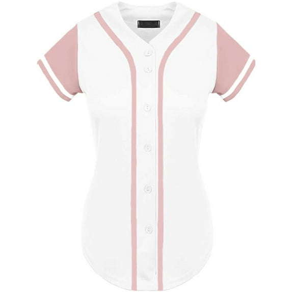 DIGITMON Women's Baseball Softball Jersey Button Down Premium Athletic T Shirts Uniform WHITEPINK, Large