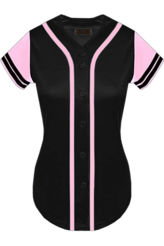 Women's Baseball Softball Jersey Button Down Premium Two-Stripe Sleeve Shirts Uniform BLACKPINK, Large