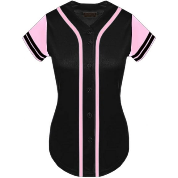 DIGITMON Women's Baseball Softball Jersey Button Down Premium Two-Stripe Sleeve Shirts Uniform BLACKPINK, Small