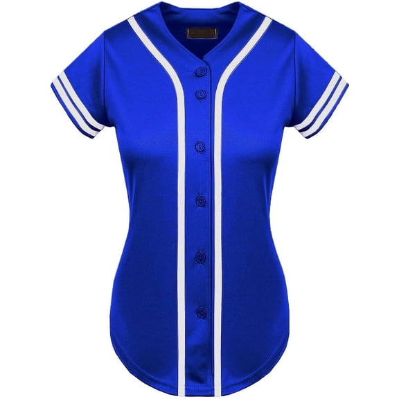 DIGITMON Women's Baseball Softball Jersey Button Down Premium Two-Stripe Sleeve Shirts Uniform ROYALWHITE, Large