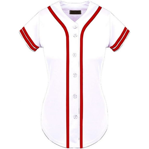 DIGITMON Women's Baseball Softball Jersey Button Down Two-Stripe Sleeve Shirts Uniform WHITERED2, Medium