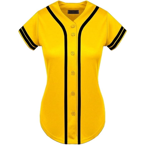 DIGITMON Women's Baseball Softball Jersey Button Down Two-Stripe Sleeve Shirts Uniform YELLOWBLACK, X-Large
