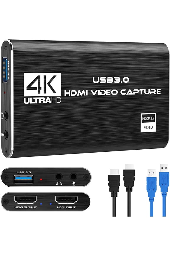 4K Audio Video Capture Card, HDMI USB 3.0 Video Capture Device, Full HD 1080P for Game Recording, Live Streaming Broadcasting-Black