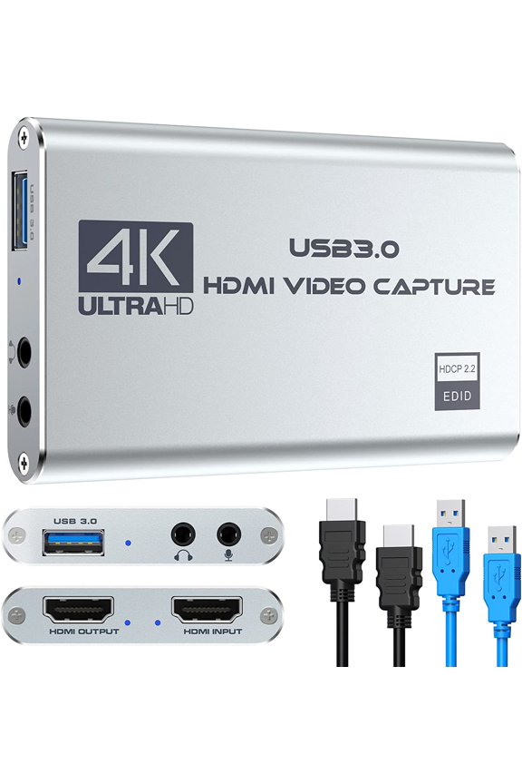 4K Audio Video Capture Card, HDMI USB 3.0 Video Capture Device, Full HD 1080P for Gaming, Live Streaming Broadcasting-Silver