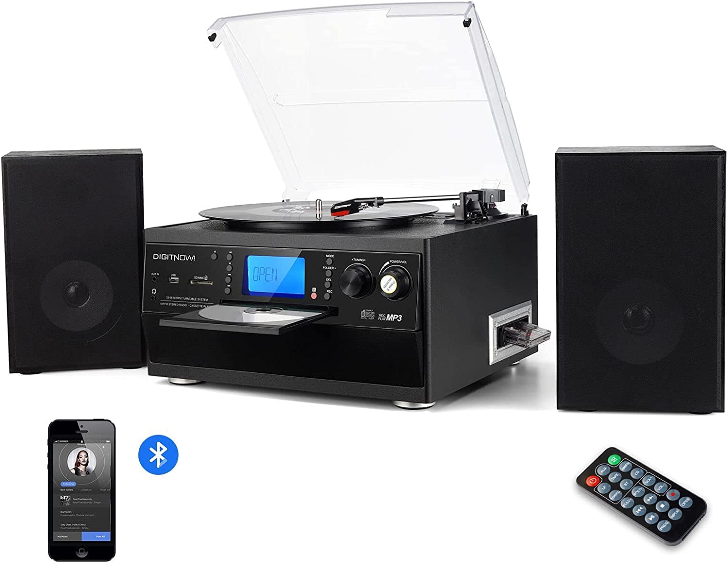 DIGITNOW Bluetooth Record Player Turntable with Stereo Speaker, CD Player,  Cassette, Radio, Aux in and SD Encoding, Remote Control, Audio Music Player