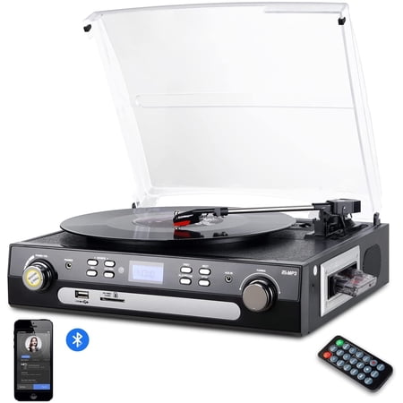 DIGITNOW Bluetooth Record Player with Stereo Speakers, Turntable for Vinyl to MP3 with Cassette Play, AM/FM , Remote Control, USB/SD