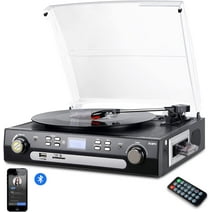 DIGITNOW Vinyl/LP Turntable Record Player, 3.5mm Headphone Jack,Remote and LCD with Bluetooth, AM&FM Radio, Cassette Tape, Aux in, USB/SD Encoding & Playing MP3/ Built-in Stereo Speakers (NO CD)