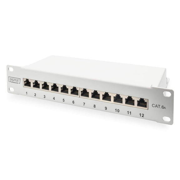 DIGITUS CAT 6A Patch Panel, Shielded, 12-Port Label Field, 1U, 10" Rack Mount, Grey RAL 7035