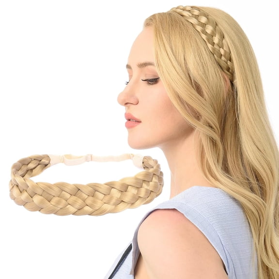 DIGUAN 5 Strands Synthetic Hair Braided Headband Classic Chunky Wide Plaited Braids Elastic Stretch Hairpiece Women Girl Beauty (Honey Blonde)