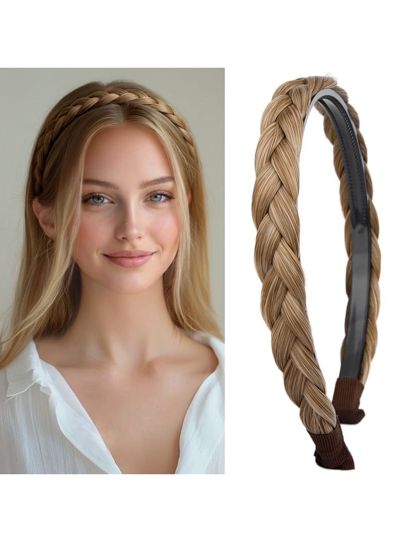 Headband Synthetic Hair Plaited Headband Braid Braided With Teeth Hair Band Accessories for Women Girl Wide 0.6 Inch (Dirty Blonde)
