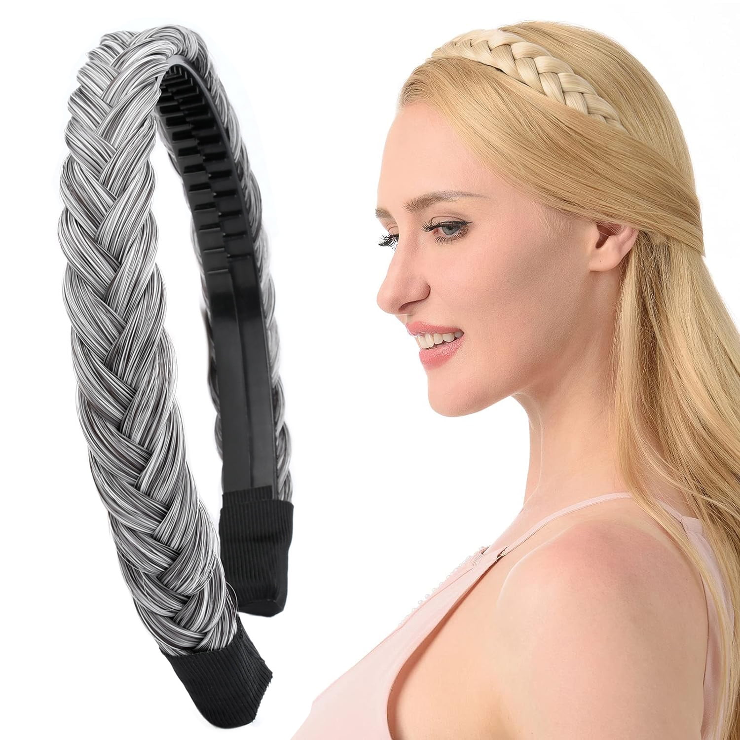 Synthetic Braided Headband Elastic Stretch Hairpiece for Women Girl Salt & Peppe DIGUAN Messy Wide 2 Strands Synthetic Hair Braided Headband  main image 3