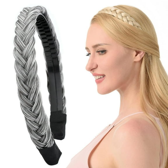 DIGUAN Headband Synthetic Hair Plaited Headband Braid Braided With Teeth Hair Band Accessories for Women Girl Width 1 Inch (Salt/Pepper)