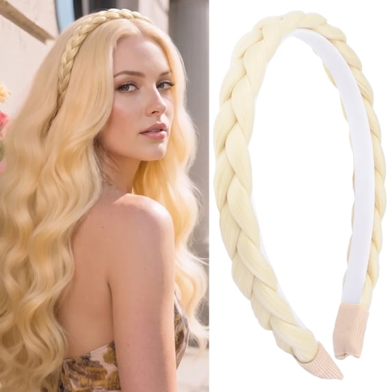 DIGUAN Headband Synthetic Hair Plaited Headband Braid Braided without Teeth Hair Band Accessories for Women Girl Wide 0.6 Inch (Thin-light blonde)