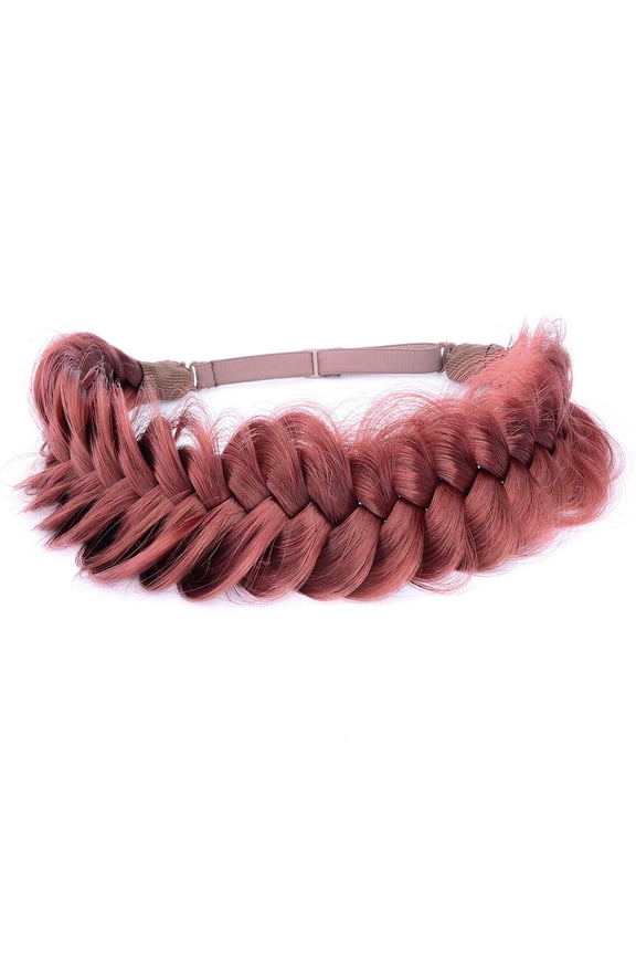Messy Wide 2 Strands Synthetic Hair Braided Headband Classic Chunky Plaited Braids Elastic Stretch Hairpiece (Burgundy)