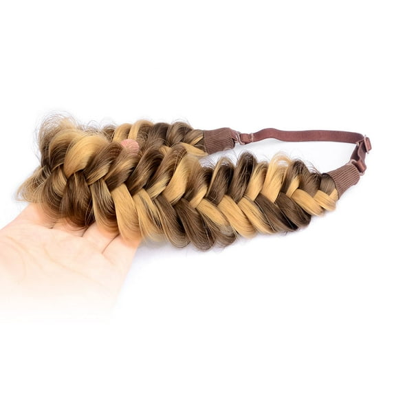DIGUAN Messy Wide 2 Strands Synthetic Hair Braided Headband Classic Chunky Plaited Braids Elastic Stretch Hairpiece (Highlighted Medium Brown)