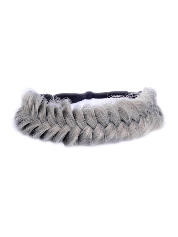 Messy Wide 2 Strands Synthetic Hair Braided Headband Classic Chunky Plaited Braids Elastic Stretch Hairpiece (Steel Gray)