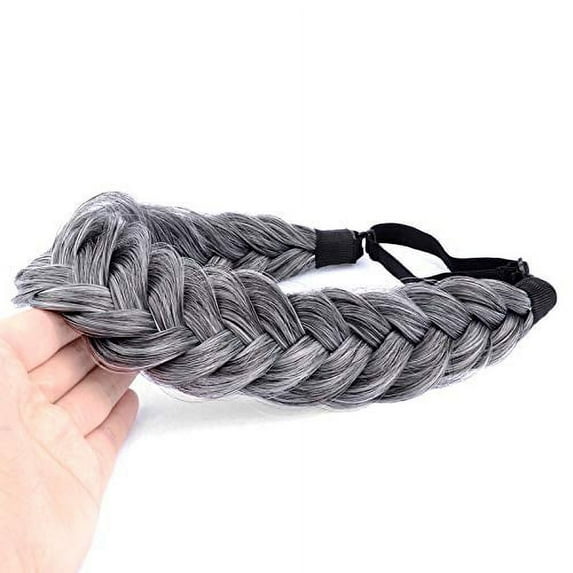 DIGUAN Messy Wide 2 Strands Synthetic Hair Braided Headband Classic Chunky Plaited Braids Elastic Stretch Hairpiece Women Girl Beauty Boho accessory, 62g/2.1 oz (Dark Gray)