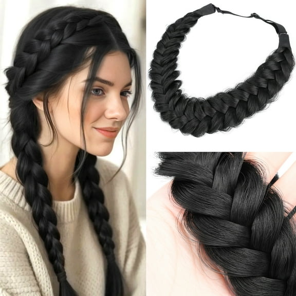 DIGUAN Messy Wide 2 Strands Synthetic Hair Braided Headband Classic Chunky Plaited Braids Elastic Stretch Hairpiece Women Girl Beauty Boho accessory, 62g/2.1 oz (Natural Black)