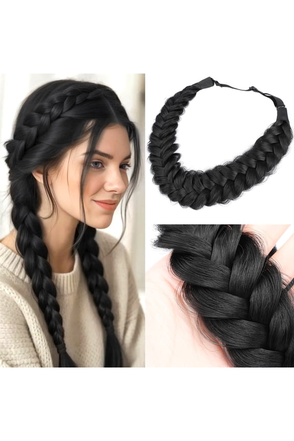 Messy Wide 2 Strands Synthetic Hair Braided Headband Classic Chunky Plaited Braids Elastic Stretch Hairpiece Women Girl Beauty Boho accessory, 62g/2.1 oz (Natural Black)