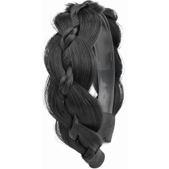 DIGUAN Wide Braided Headband with Teeth Synthetic Hair Plaited Headband Fishtail Braided Hair Band (Black)